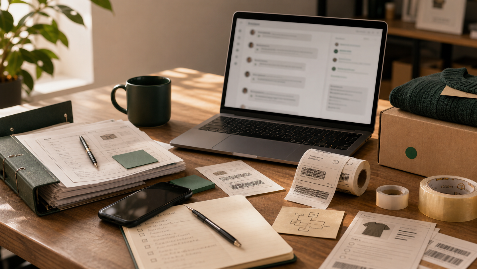 Ecommerce support automation desk with order labels, support notes, and a blurred laptop