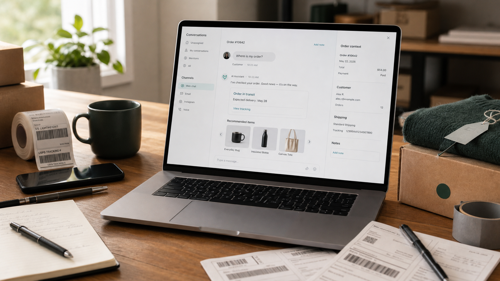 Realistic ecommerce support desk with an AI assistant answering an order tracking question and showing order context